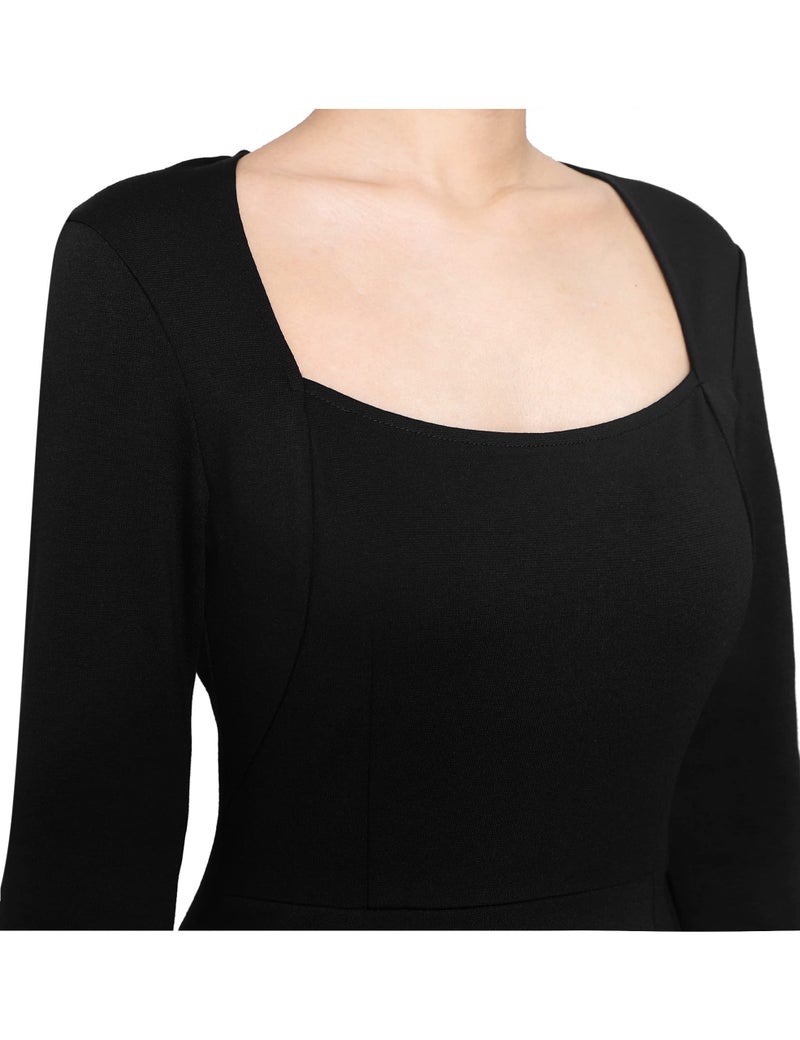 VFSHOW Womens Vintage Square Neck Work Office Business Dress Elegant Casual Cocktail Party Church Bodycon Pencil Sheath Dress (Black, X-Large) 3560 BLK XL - Image 3